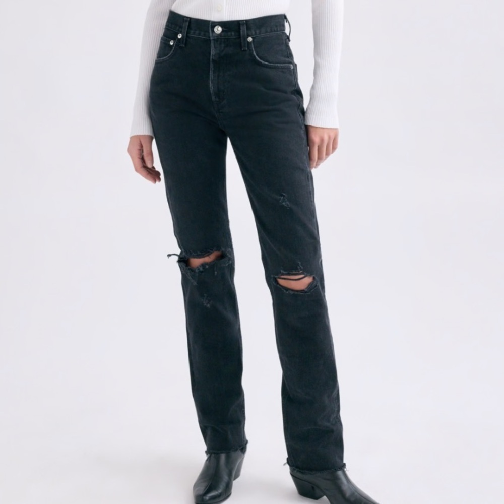 Agolde Womens black Cherie high rise straight leg distressed knee jeans 24